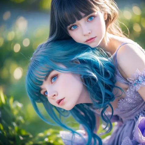 1girl, bangs, blue hair, blunt bangs, long hair, purple eyes, solo, fairy dress, low-cut, fairy, masterpiece, 8k, ultra-detailed, realistic, photorealistic, HDR, beautiful detailed eyes, beautiful detailed lips, extremely detailed eyes and face, long eyela...