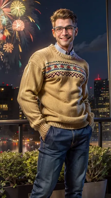 guy smiles in a New Years sweater,  stands full length , and looks to the left