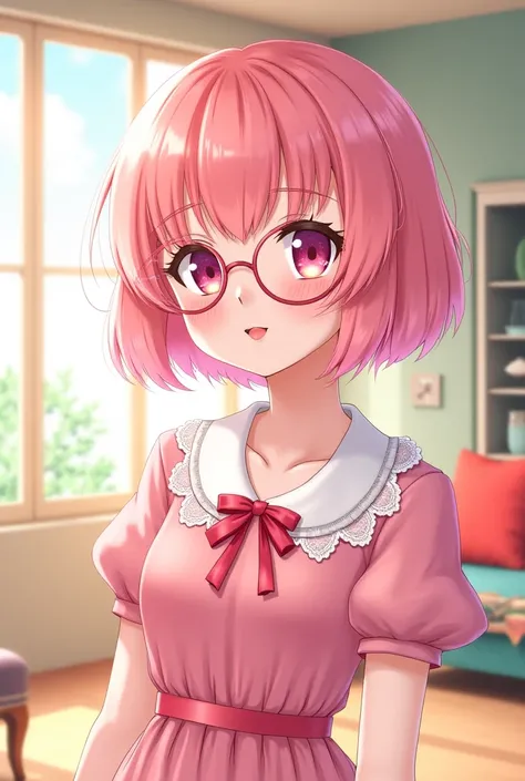 The image shows an anime girl with short pink hair,  style in soft waves .  She wears stylish rose-colored glasses ,  that perfectly match her look . . Makeup emphasizes the natural beauty of : . Her lips are painted in soft pink ,  and her eyes are accent...