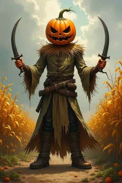 A majestic, Pumpkin head humanoid, standin in a Harvest plantation, Wearing scarecrow clothes He holds a dagger in each hand Juggling them.  The overall style is reminiscent of fantasy art.  The image has a slightly painterly quality.
