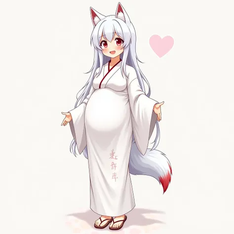 anime girl, long hair, big pregnant, red eyes , very big breasts, very big belly , pregnant girl, biggest belly , anime style, white hair, big breasts, pregnant girl with big belly, smile, white thin tights, white long yukata kimono dress  big pregnant bel...