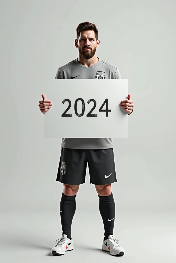 Messi is standing and has 2024 written on white paper above his chest