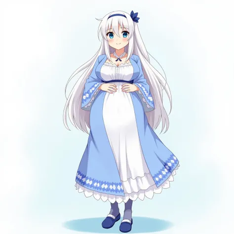 anime girl, blue eyes, big large breasts, anime style, high resolution, white hair, blue and white long dress, dress anime, blue tights, blue girls moccasins, standing tall,exposed bare breasts, big hyper large breasts,smile,big hips,big pregnant,  hyper-p...