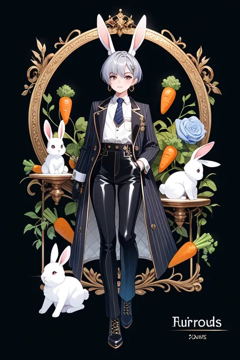 full body, femboy, fully clothed, An illustration, (masterpiece、最high quality、high quality), pure white background, Character design, Character sheet, rabbit, A tailored, double-breasted black pinstripe suit jacket with sharp lapels. The jacket is slightly...