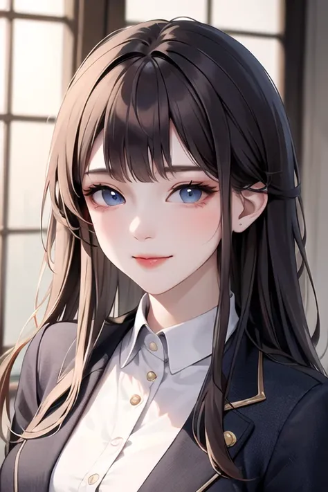 (extremely delicate and beautiful:1.2),1girl,fashi-girl, bangs, blue eyes, brown hair,chinese blazer, looking at viewer, long hair, solo, star (symbol), upper body,smile,red lips, closed mouth, chinese, douyin