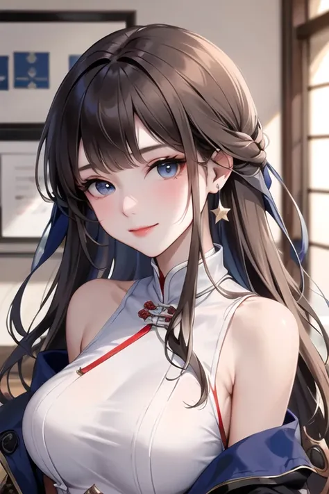 (extremely delicate and beautiful:1.2),1girl,fashi-girl, bangs, blue eyes, brown hair,chinese blazer, looking at viewer, long hair, solo, star (symbol), upper body,smile,red lips, closed mouth, chinese, douyin