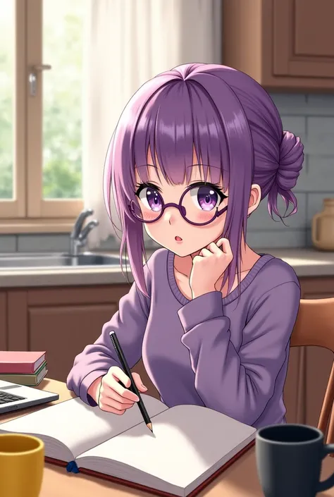 The image shows an anime girl with purple hair,  gathered in a careless bundle ,  dress and round glasses with a metallic purple frame.  She is sitting at the table in the cozy kitchen . The girl is wearing a purple ,  which makes you feel cozy and warm .
...