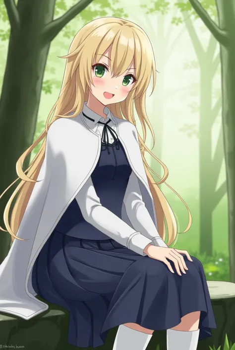 ( masterpiece,  best quality,  High resolution:1.3),  natural lighting, AS-Adult,  tesia , white Capelet, Capelet,   school uniform  , blue skirt, blue vest,  white ,  knee boots ,  long sleeves,  smiling,  sitting on a stone, forest,