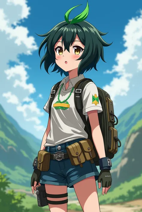 Adult anime girl short black hair with a tuft of her green hair full body dressed as an adventure 