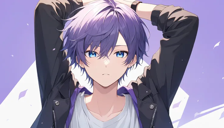 extremely detailed CG:1.5）、（crisp quality:1.5）、 young male、Beautiful Youth、（detailed facial depiction :1.3）、purple hair、asymmetrical bangs、 blue eyes、 chest 、student、 Black Jacket 、 white t-shirt 、  、 upper body; beautifal background