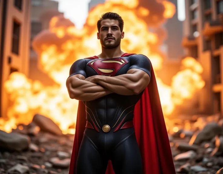 a muscular Cody Christian, attractive, with short beard, muscled body, dressed in a Superman costume, red belt and red superhero boots, with arms crossed, expression of confidence. massive explosion, intense flames, urban destruction, apocalyptic atmospher...