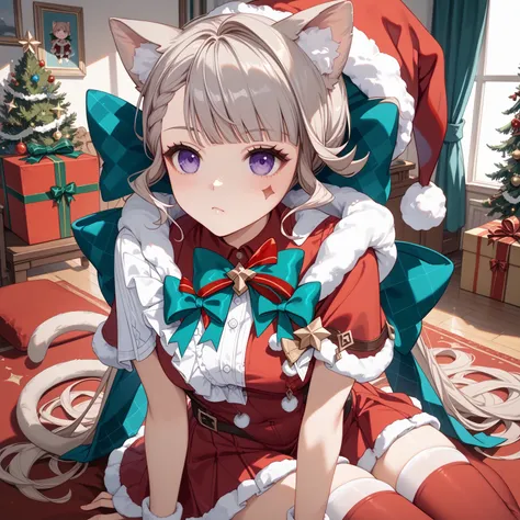 lynette (genshin impact), animal ears, cat ears, purple eyes, bow, facial mark, long hair, cat tail, grey hair, animal ear fluff, aqua bow, braid, santa cosplay, Santa thighhighs, Sit, Room, Displeased face, Beautiful view, good atmosphere