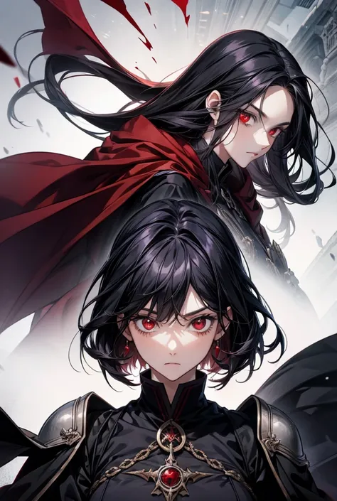 Female black hair red eyes wear dark medieval suit warlock anime