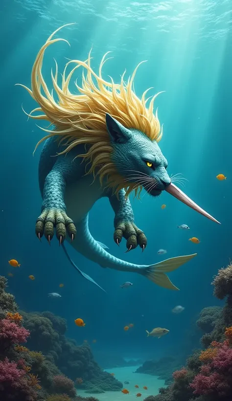 A majestic hybrid of a swordfish and a lion, with a sleek aquatic body resembling a swordfish and a lion’s golden mane flowing like seaweed around its head. Its sharp sword-like snout contrasts with its feline features, including paws adapted into fin-like...