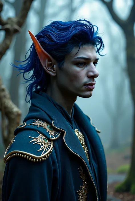  A male black elf with dark skin,  light brown eyes , And dark blue hair 
