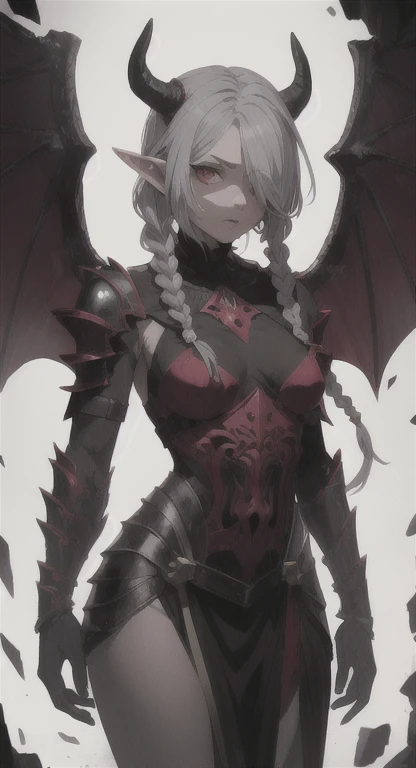 Ancient demon, horns, wings, tail, demon Lord, blind Sylpheyte, grey hair, glowing red eyes, blank red pupils, scar over an eye, Devine braids, looking at viewer, long messy hair, ancient Hyrule, ancient armor, Palace,