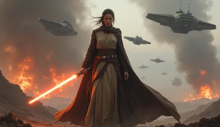 Star wars war going on alone single female Jedi holding saber light and ready for war, multiple spaceship crashing. 