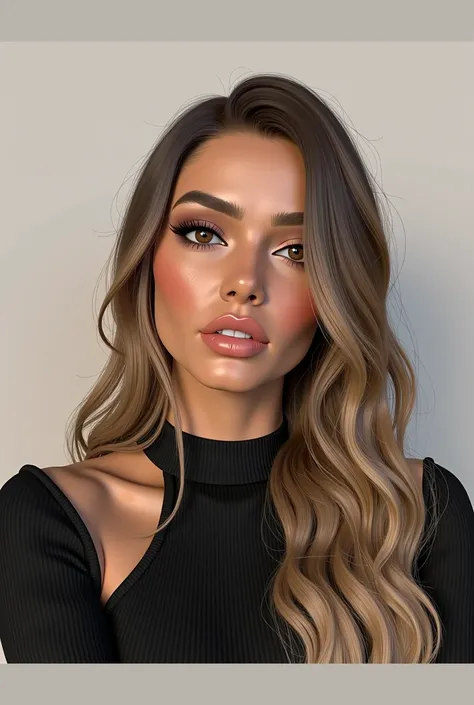 a extremely realistic and detailed photo of pretty italian girl, tight black skirt and crop top with cleavage, perfect makeup,long slicked straight brown hair with blonde roots hair,high quality, photorealistic, elegant, confident, piercing brown eyes, ful...