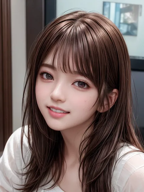 (( surrealism 、 realism)), ((Brown Hair、Girly Hair:1.2)), ((Droopy eyes:1. 4)),  shiny hair, Thick bangs,  intricate detail face , (( I show my white teeth and laugh : 1. 2)), ((Image Processing Algorithms:1.5)),  high pixel density in front of the copier、...