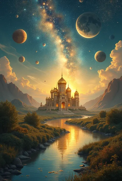 Imagine a beautiful landscap.With different planets in the sky, river and a house.              Of gold in the center. 