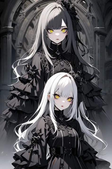 gothic girl with long white hair, bangs, yellow eyes and gothic style clothes
