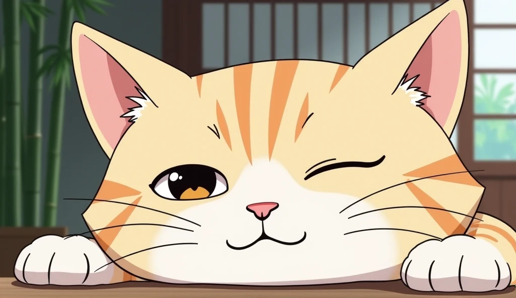 "An animated Japanese-style close-up of a cat with its third eyelid partially closed, showing its nictitating membrane. The cats eyes are calm and alert, with a soft expression of relaxation. The background features a simple, serene Japanese home setting w...