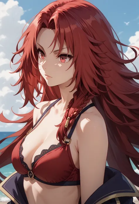 solo,iris midgar, long hair, red eyes, braid, red hair,red bikini
