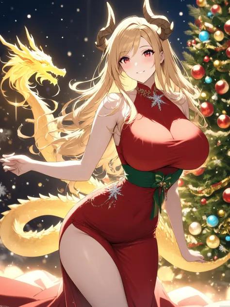 Illustrioussciamano, masterpiece, best quality, high quality, absurdres BREAK
1girl, solo, mature woman, goddess, dragoness, red Christmas dress with black details, elegant and festive design, long straight golden hair with a side parting, glowing golden d...