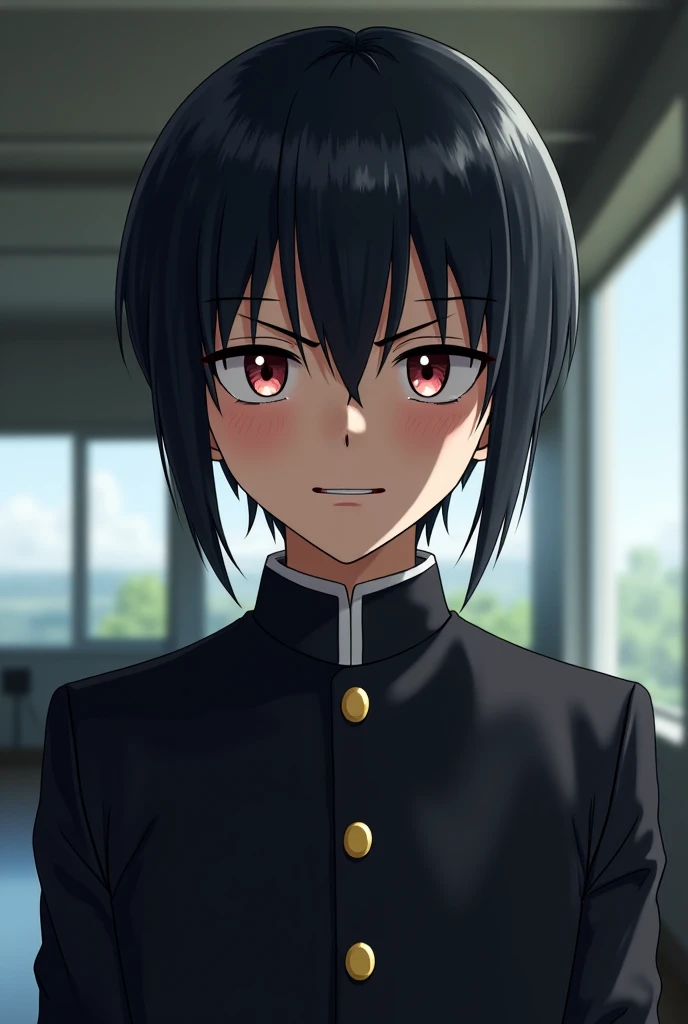 anime boy, 20 years, very straight hair, straight cut,  straight bangs, flequillo con straight cut,  that the fringe covers only your forehead,  cold and cruel look ,  mocking and sadistic laugh , attractive boy,  Japanese uniform,  black uniform with gold...