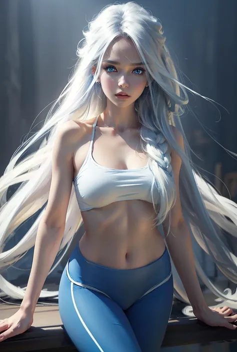 Beautiful 1.Girl, Fair skin, White (VERY_LONG FRONT HAIR!!!) messy and fluffy white hair, Ultra-realistic blue eye, Graceful figure, Gentle feminine, Wearing (blue top and leggings) , in a misty environment
