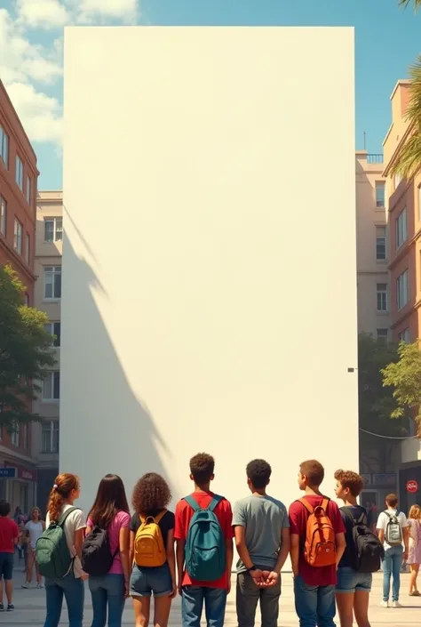  Young people looking at an empty and clean wall in an urban environment on the street exposed to the sun, bright image 