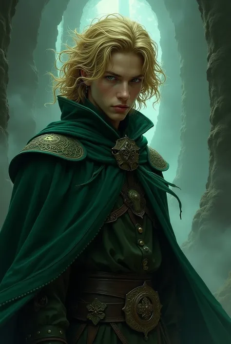 Draw Kvothe. Have a drawing in the style of Yoshitaka Amano. Have a dark tone. Let him have a green cloak