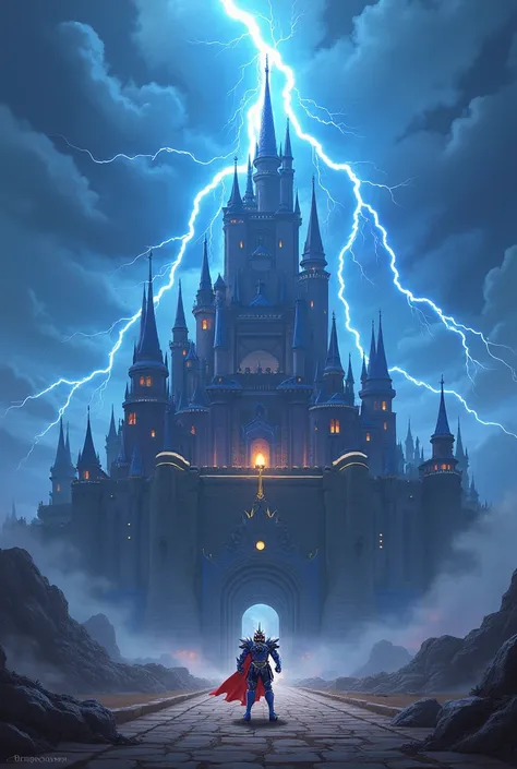  “Buriram United — Thunder Castle” shows a gigantic , State-of-the-art castle ,  surrounded by lightning and thunder .  The tower is proudly enthroned on a hill ,  while a huge lightning cuts through the sky and illuminates the castle.  On the forecourt, a...