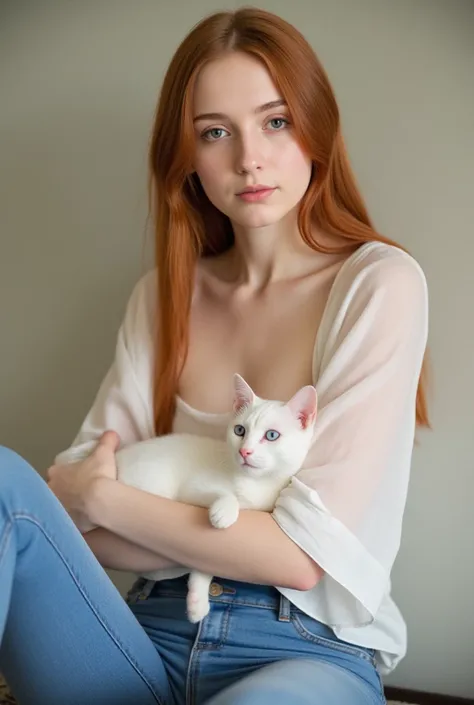  18 year old , PIEL BLANCA, long straight copper hair , light brown eyes, thin and slender.  Dressed in jean and white blouse carrying a thin white cat with blue eyes.  realistic image. 