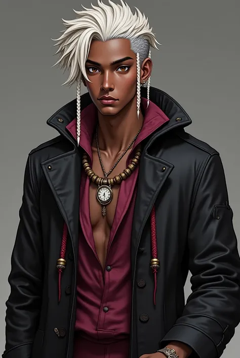  An Afro-descendant man with the style of an RPG character ,  he wears braids embedded in his white hair ,  dark brown eyes with a youthful face ,  wearing a dress with a black overcoat with details in Marsala on top, His accessories are a ring with a cloc...