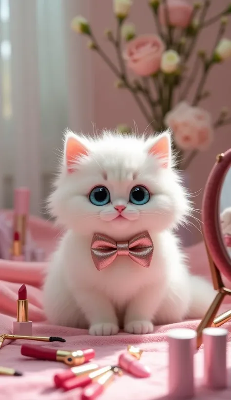 "A fluffy white cat with big blue eyes wearing a bow tie, sitting in front of a handheld mirror, playing with colorful lipsticks and makeup brushes on a soft velvet table."