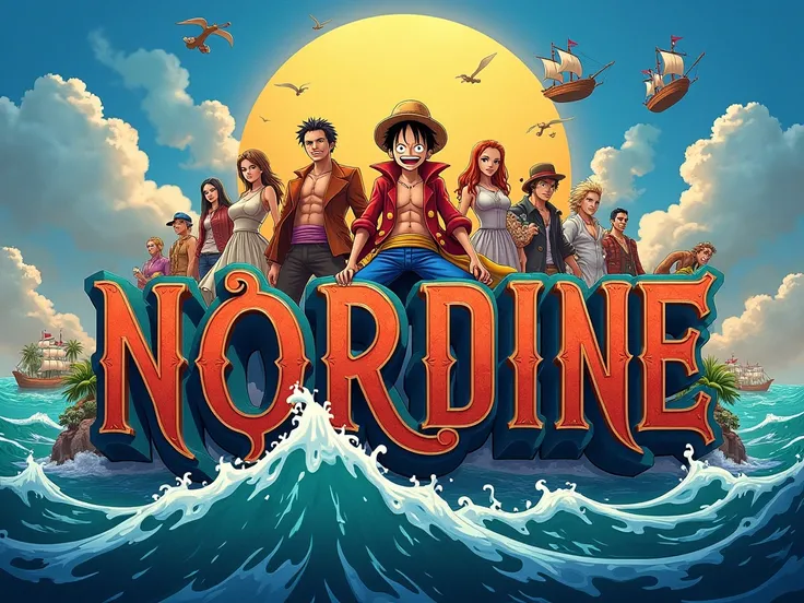 Create a poster extremely detailed with letter-by-letter writing "NORDINE" en français et en majuscule. dans un style Disney 4D. LÉCRITURE DOIT ÊTRE BIEN VISIBLE. 
Thème ONE PIECE 