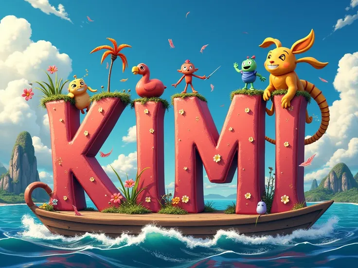 Create a poster extremely detailed with letter-by-letter writing "KIMI" en français et en majuscule. dans un style Disney 4D. LÉCRITURE DOIT ÊTRE BIEN VISIBLE. 
Thème ONE PIECE 