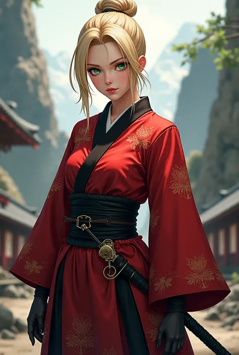 Demon slayer oc with blonde hair pulled back into a bun with green eyes wearing a red and black kimono 