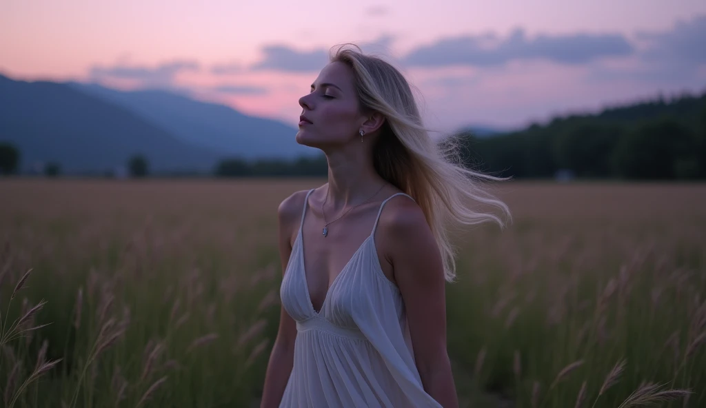 Scene Description:
The woman stands in a quiet, expansive meadow at dusk, her eyes closed as she inhales deeply, surrounded by tall grasses swaying in the wind.
Surrounding Details:
The meadow is vast, with distant mountains forming a dramatic backdrop. Th...