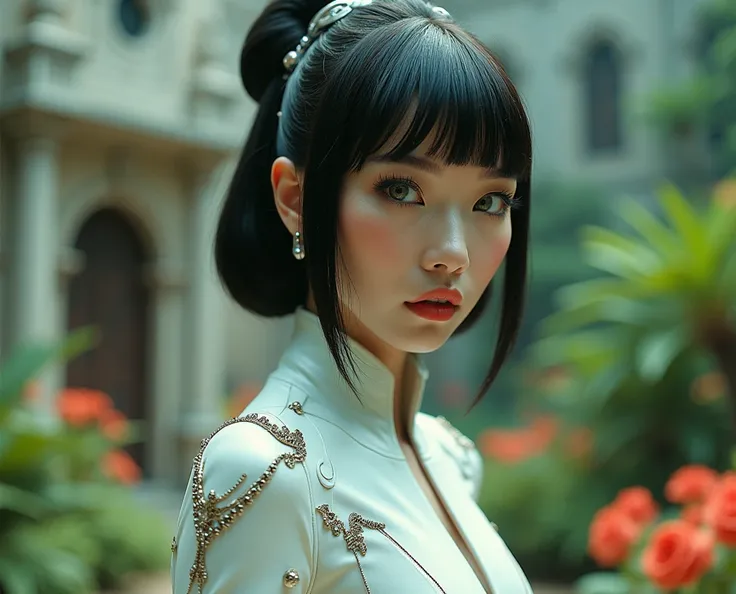 cinematic close up photography of a beautiful Chinese woman, green eyes, Liza Minnelli style hair, sexy and sculpted body, beautiful breasts, with a white metallic futuristic retro 70s style witch costume, standing in front of a castle with lots of vegetat...