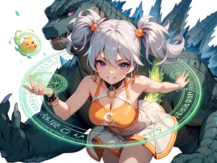 chica estilo anime,  silver hair with 2 pigtails,  purple eyes, Breasts 34C, With Godzillas tail, Green magic circle on the hand,  white background