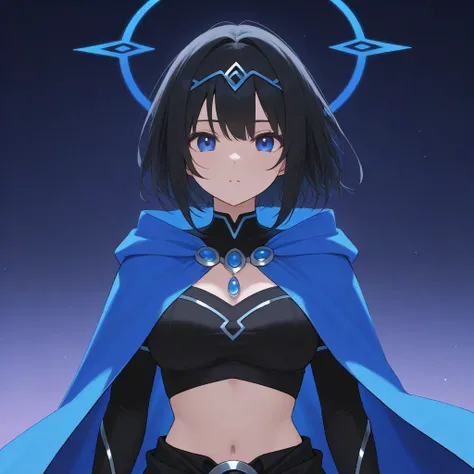 beautiful black superheroine with blue eyes making a face, black costume with blue tribal details, blue jewel on her chest, transparent blue cape below her waist