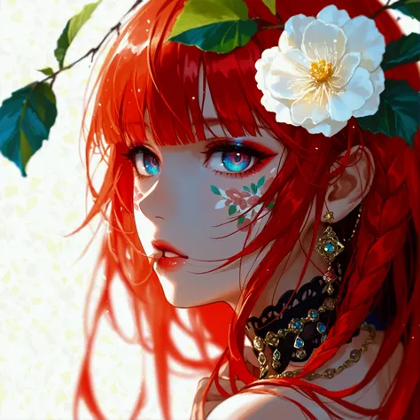 1girl, multicolored eyes, solo, flower, jewelry, red background, long hair, necklace, bracelet, hair flower, red hair, looking at viewer, hair ornament, simple background, upper body, teeth, multicolored hair, blunt bangs, finger to mouth, hand up, collarb...