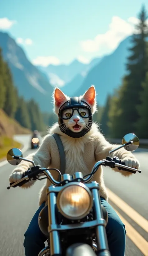 A white, furry cat is driving a motorcycle at high speed on a winding road. He wears a black leather helmet with aviator glasses, showing an expression of happiness. The scene takes place under a bright blue sky, with towering mountains and green trees in ...