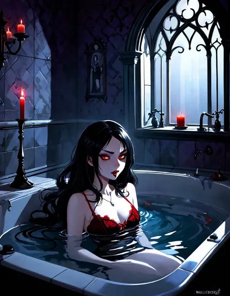 As you enter the gothic bathroom, the dim candlelight casts eerie shadows on the walls. In the corner, a dark-haired vampire lounges in her blood-filled jacuzzi, her eyes glinting with hunger as she awaits her next prey. Will you be lured in by her seducti...