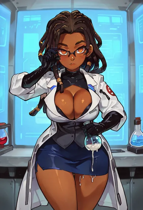 mature busty sensual ebony kuudere scientist, rating safe, 1girl, solo, expressionless face, very dark skin, long dark dreadlocks, long hair, huge tits, wide hips, nip-slip, putting on latex glove, tight labcoat, (adjusting glasses with one hand), deep cle...