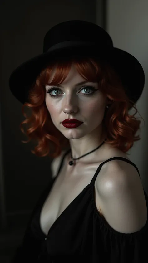 In a suspenseful and eerie 1900s-inspired black and white photograph, capture a close-up bust portrait of an astonishingly beautiful red-haired femme fatale. She wears a stylish 1920s dress and a wide-brimmed hat that adds an air of mystery. Her skin has a...