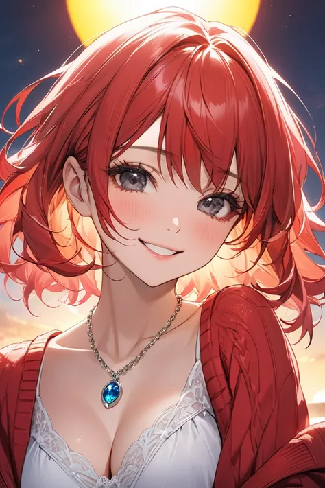 ( high res), medium red hair 、 sexy２６Old woman、 close up of a beautiful single woman、Detailed black eyes、Long eyelashes、Brightness、Vibrancy、Big sister type、Willpower、 Kindness 、 flushed cheeks、Smile、 beautiful face close-up 、Red cardigan、 white dress、 beau...