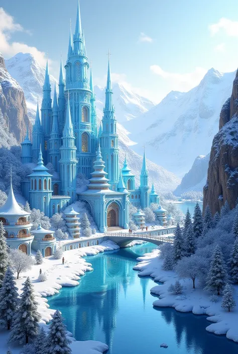 Glass town with a castle made of glass and snow